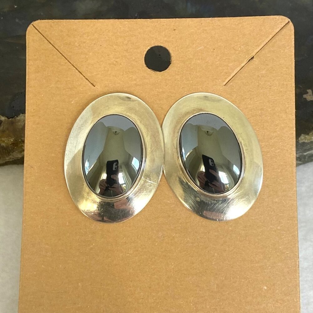 VTG Sterling Silver 925 VHC Southwest Oval Bezel Set Hematite Stud Earrings